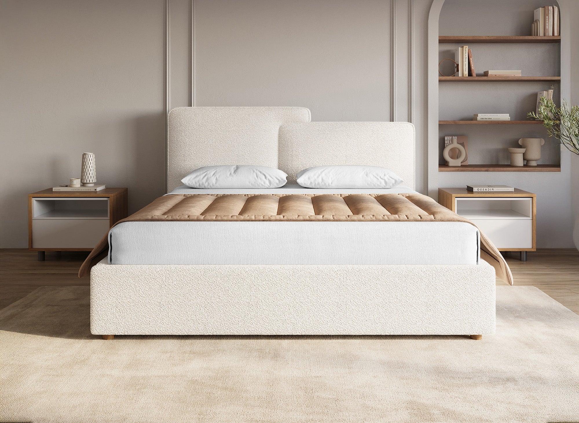 Lit coffre en tissu bouclette beige 140x190 cm ZELIA