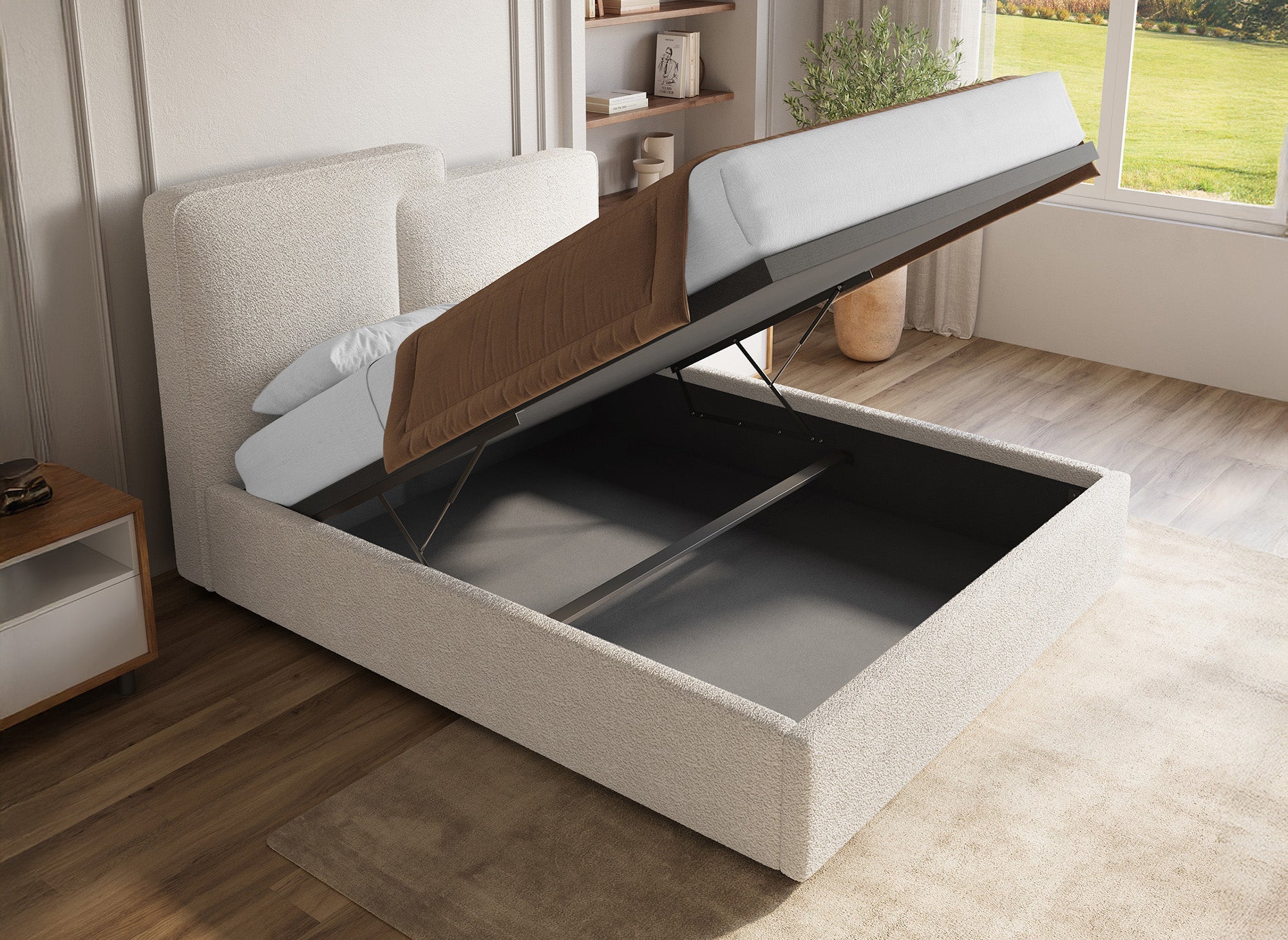 Lit coffre en tissu bouclette beige 140x190 cm ZELIA