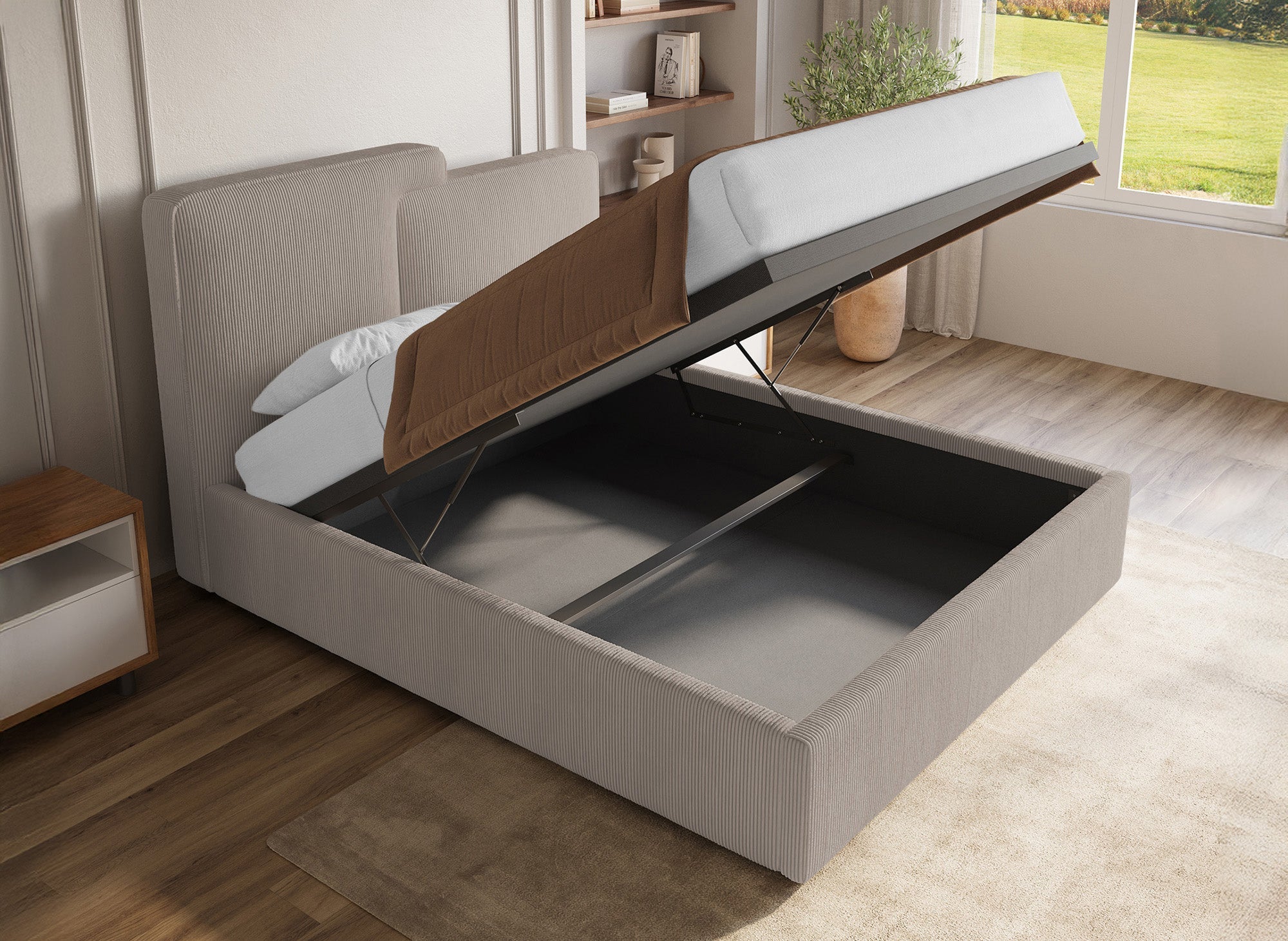 Lit coffre en velours côtelé taupe 140x190 cm ZELIA