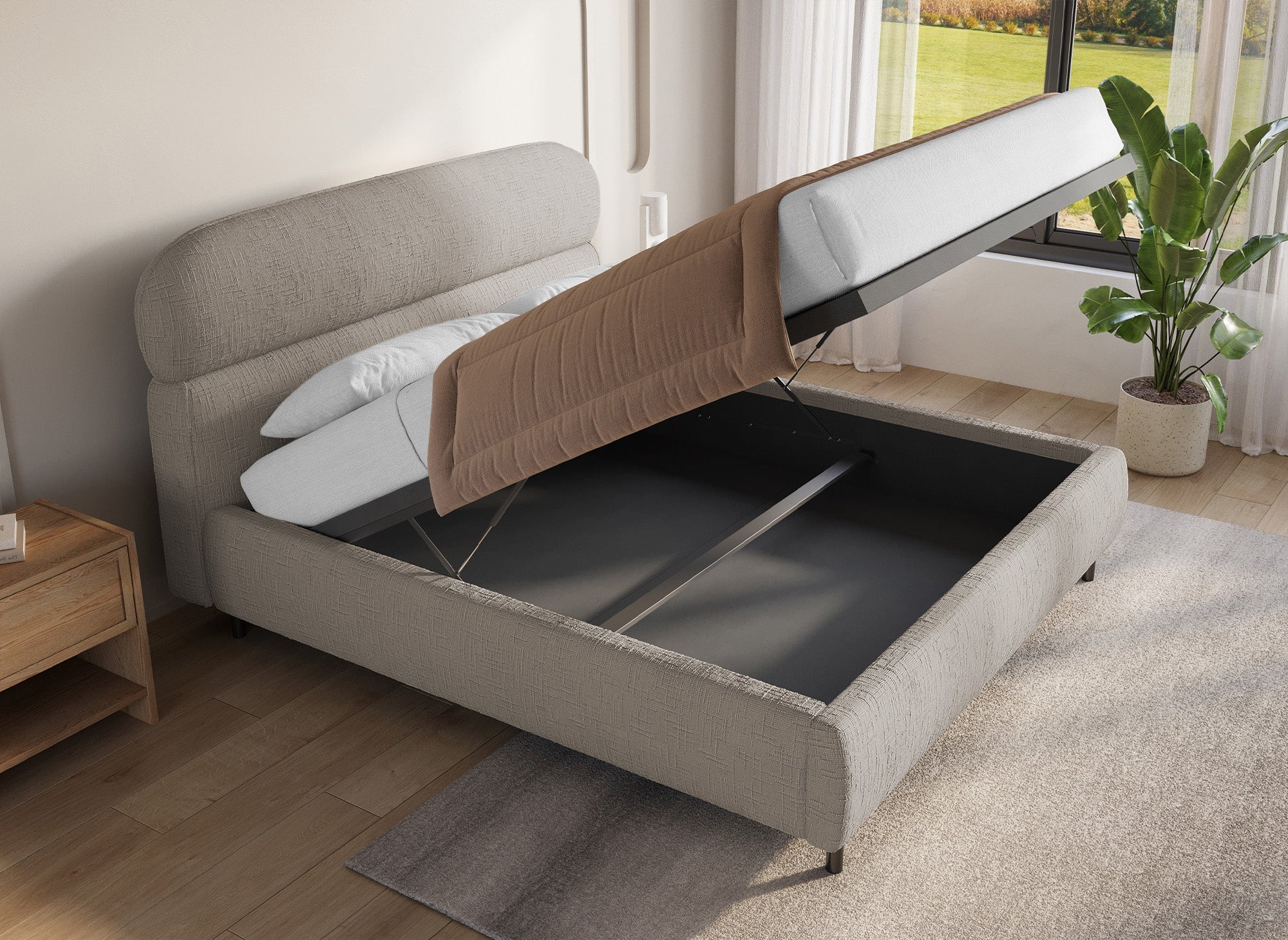 Lit coffre en velours chiné taupe 160x200cm MELO