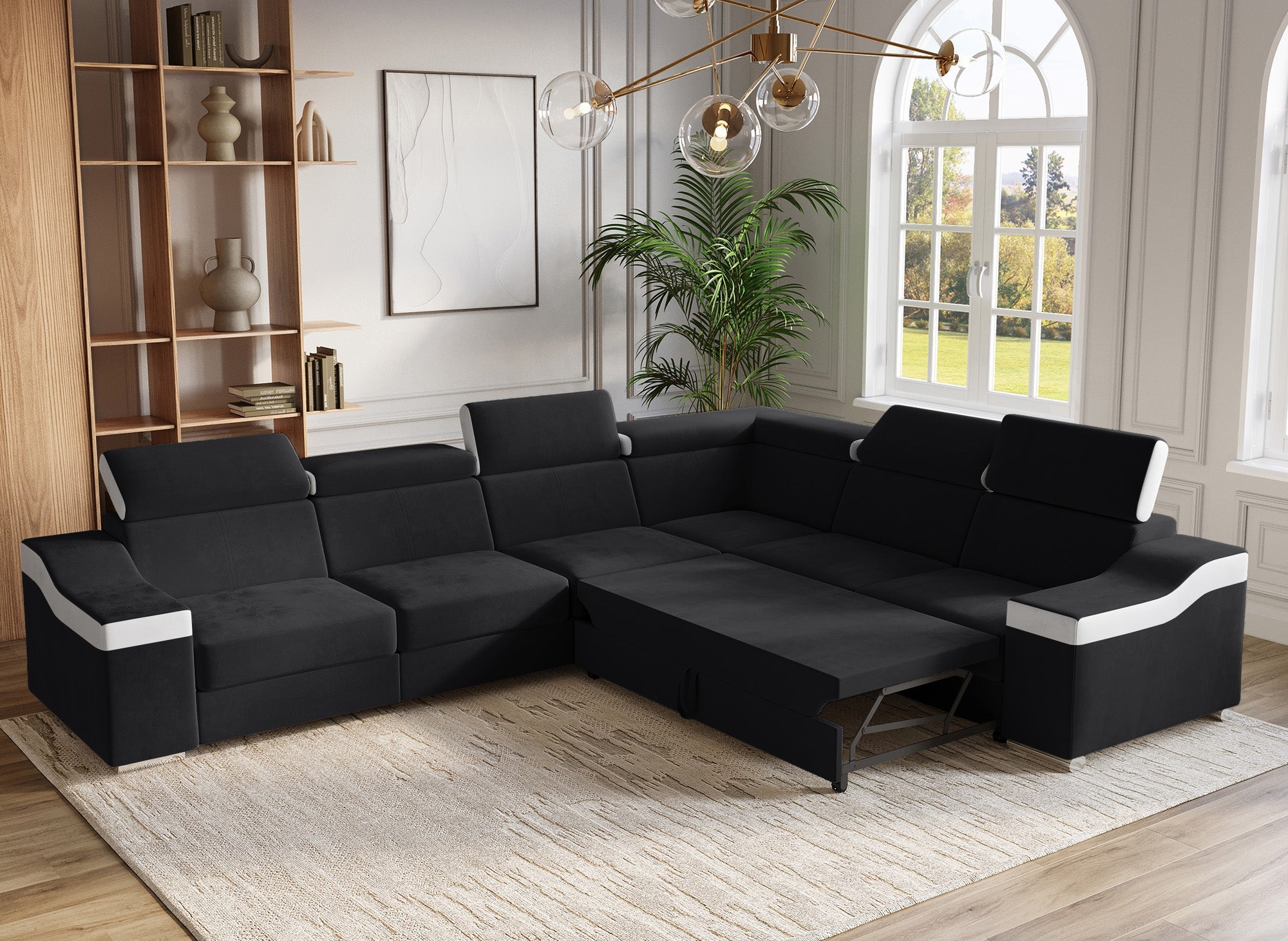 Canapé d'angle convertible réversible en velours noir et simili blanc LEONIE