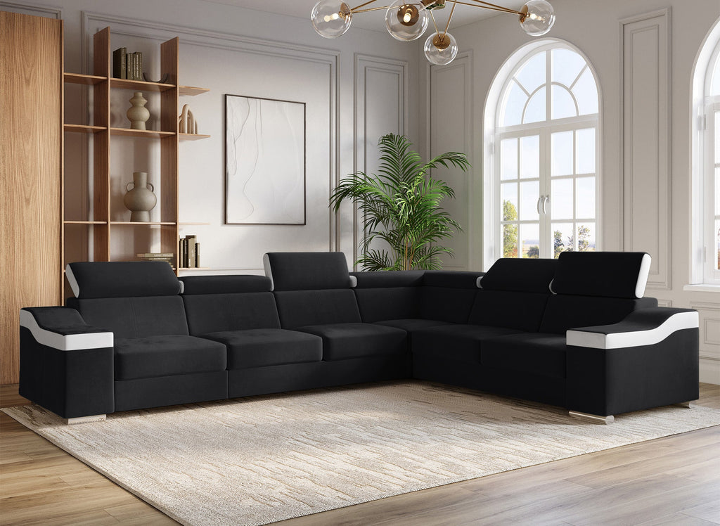Canapé d'angle convertible réversible en velours noir et simili blanc LEONIE