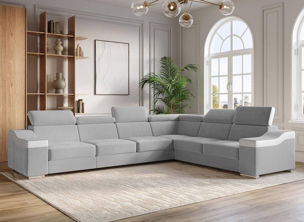 Canapé d'angle convertible réversible en velours gris clair et simili cuir blanc LEONIE