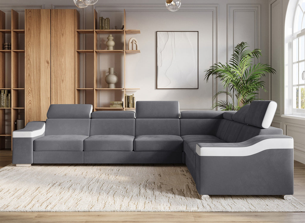 Canapé d'angle convertible réversible en velours gris et simili cuir blanc LEONIE