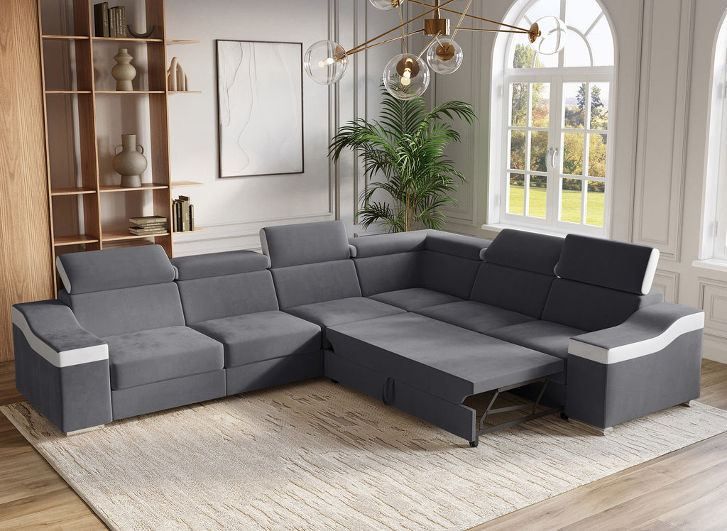 Canapé d'angle convertible réversible en velours gris et simili cuir blanc LEONIE