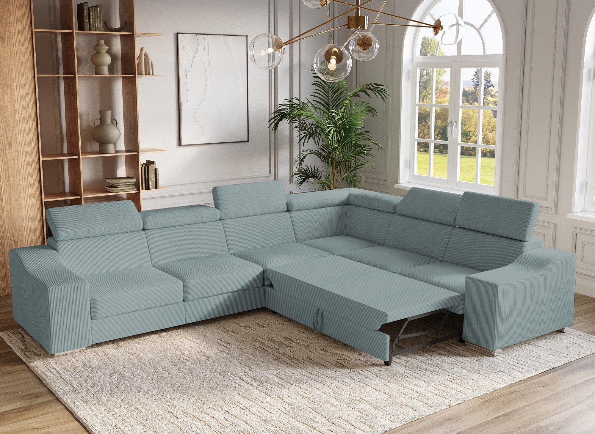 Canapé d'angle convertible réversible en velours côtelé vert d'eau LEONIE