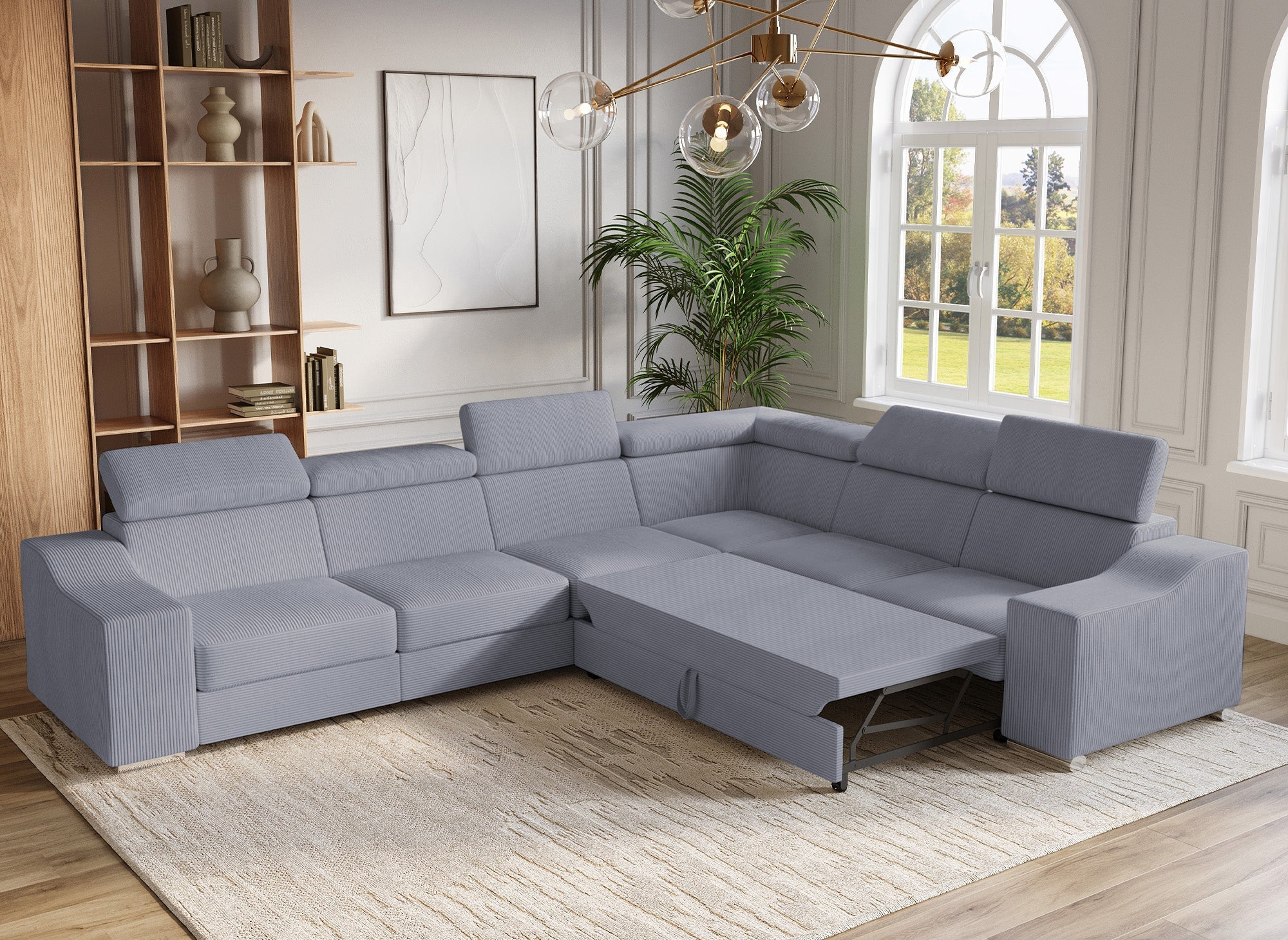 Canapé d'angle convertible réversible en velours côtelé gris clair LEONIE