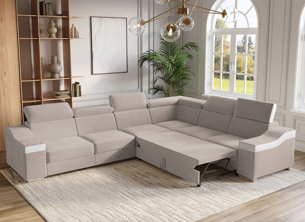 Canapé d'angle convertible réversible en velours beige et simili cuir blanc LEONIE