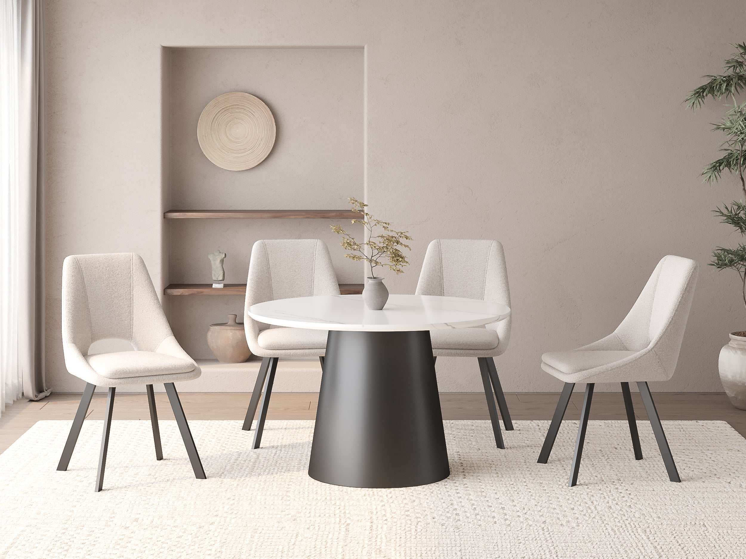 Table à manger ronde plateau effet marbre blanc 4 personnes AUBREY