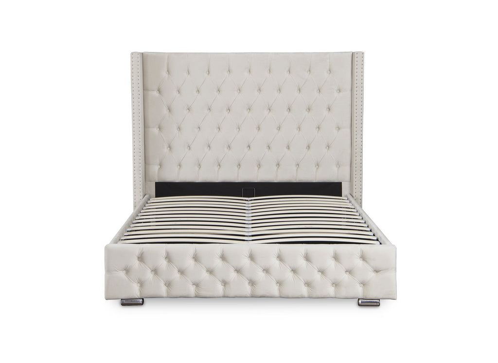 Lit coffre en velours beige 160x200 cm MAXI