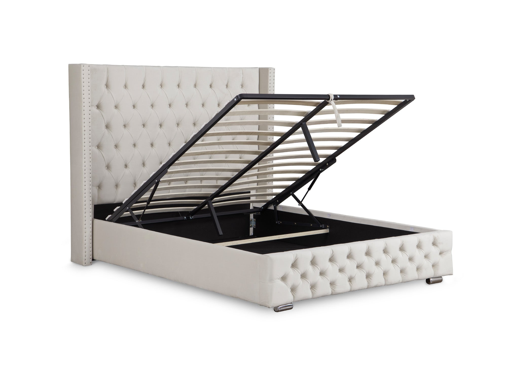 Lit coffre en velours beige 160x200 cm MAXI