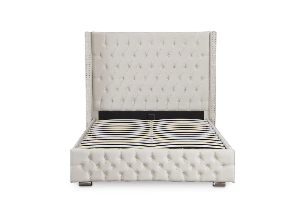 Lit coffre en velours beige 140x190 cm MAXI
