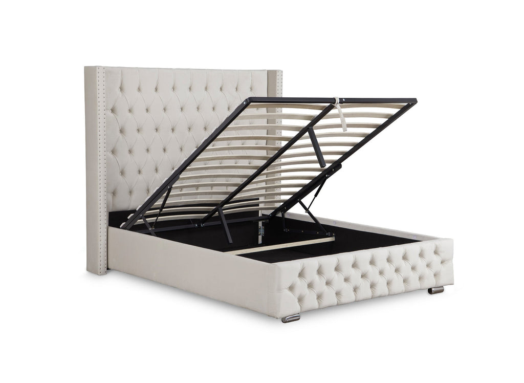 Lit coffre en velours beige 140x190 cm MAXI
