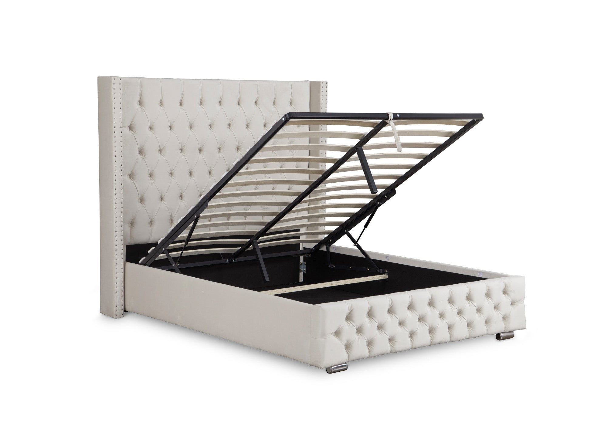 Lit coffre en velours beige 140x190 cm MAXI