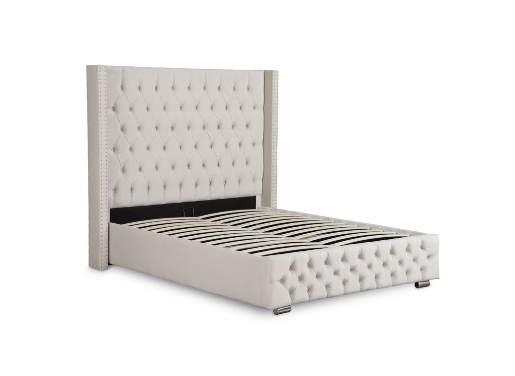 Lit coffre en velours beige 140x190 cm MAXI