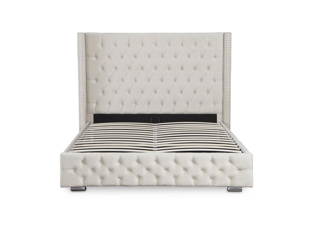 Lit coffre en velours beige 180x200 cm MAXI
