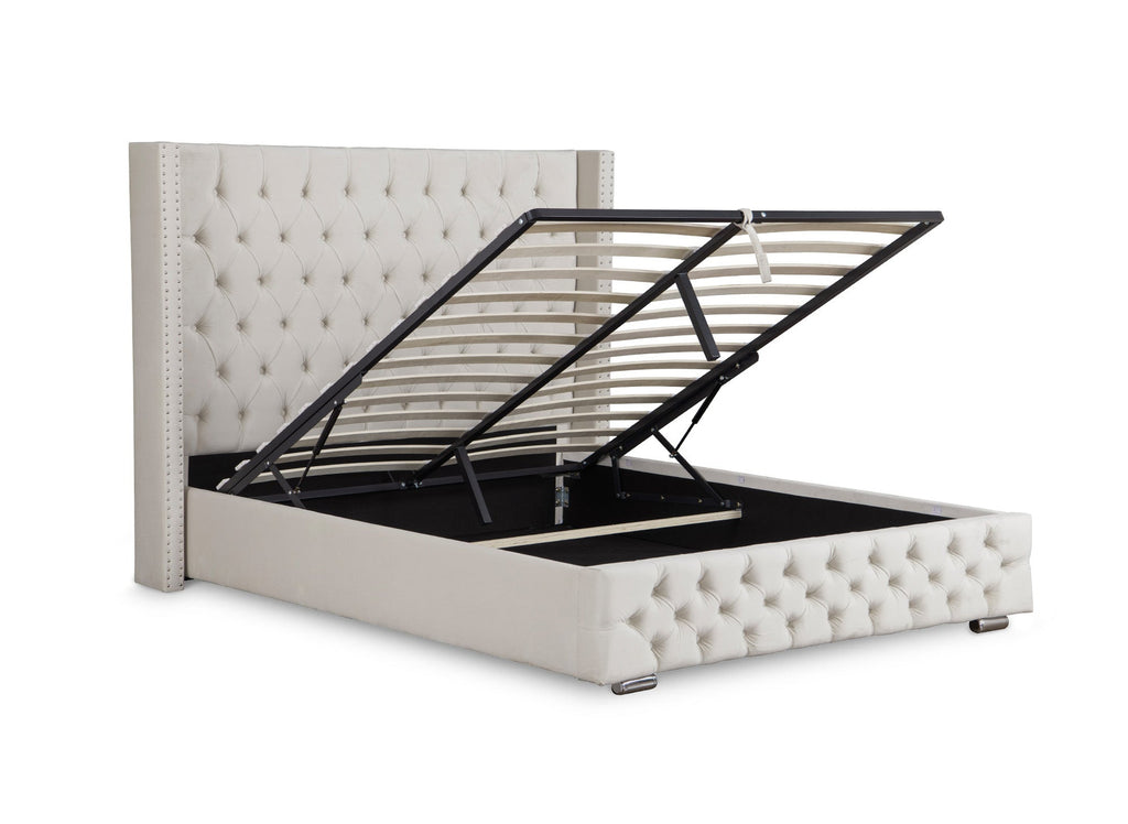 Lit coffre en velours beige 180x200 cm MAXI