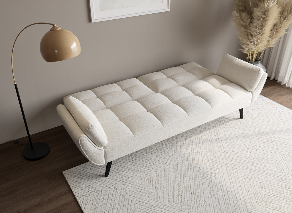 Canapé clic clac 3 places en tissu bouclette blanc écru NARA