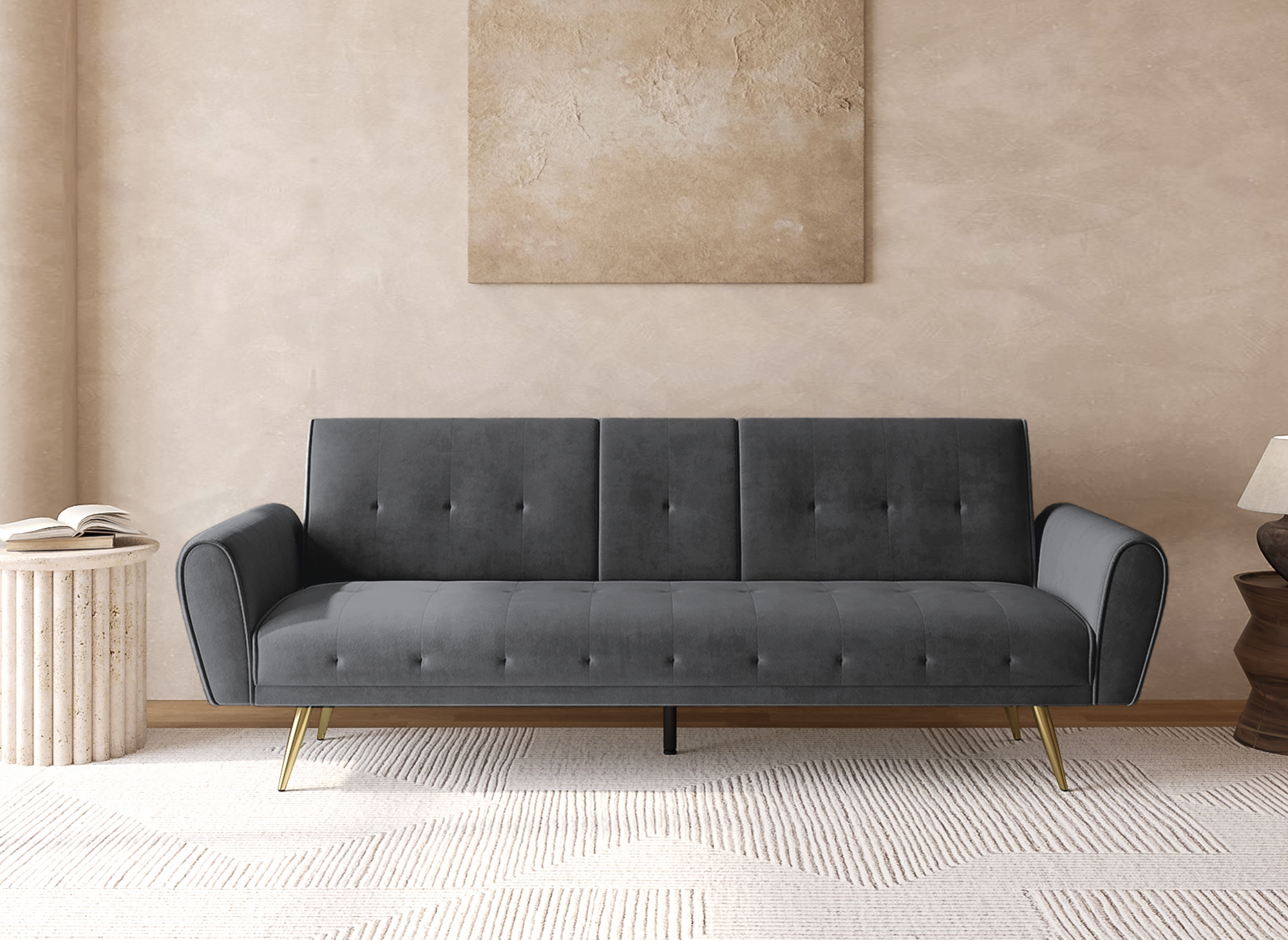 Canapé clic clac en velours gris foncé avec porte-gobelet LIMA