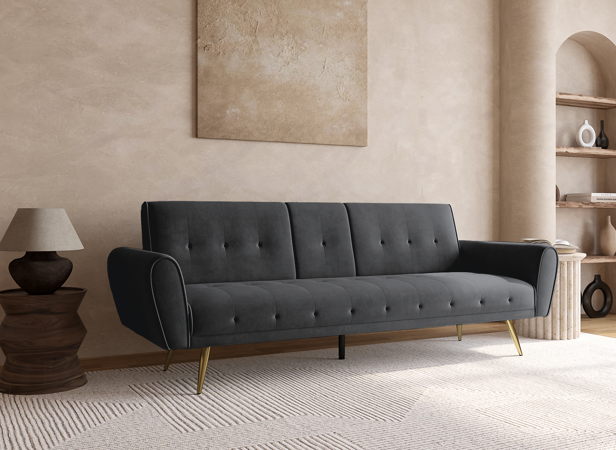 Canapé clic clac en velours gris foncé avec porte-gobelet LIMA