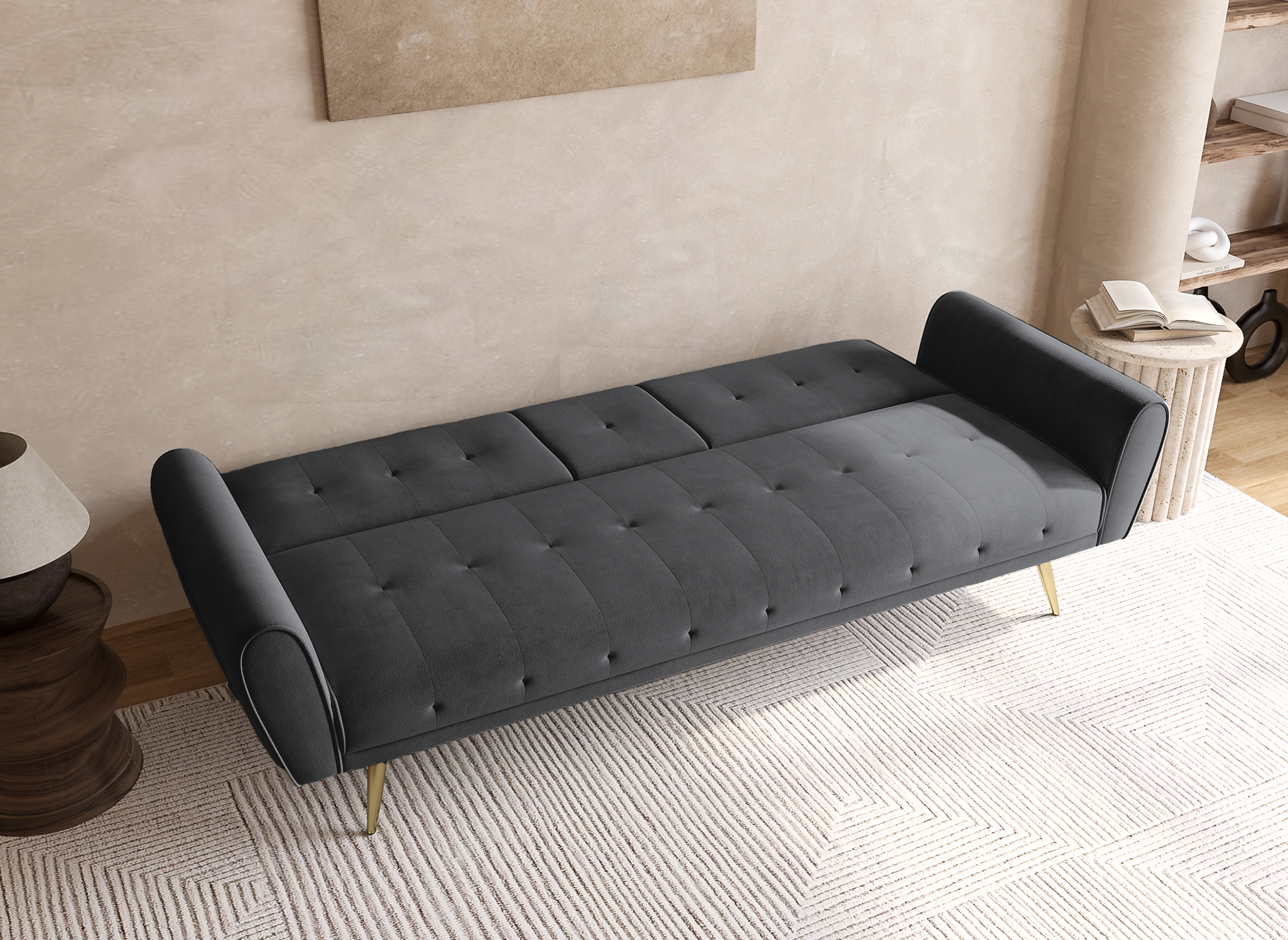 Canapé clic clac en velours gris foncé avec porte-gobelet LIMA