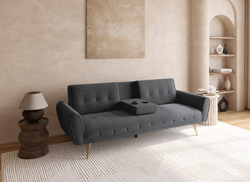 Canapé clic clac en velours gris foncé avec porte-gobelet LIMA