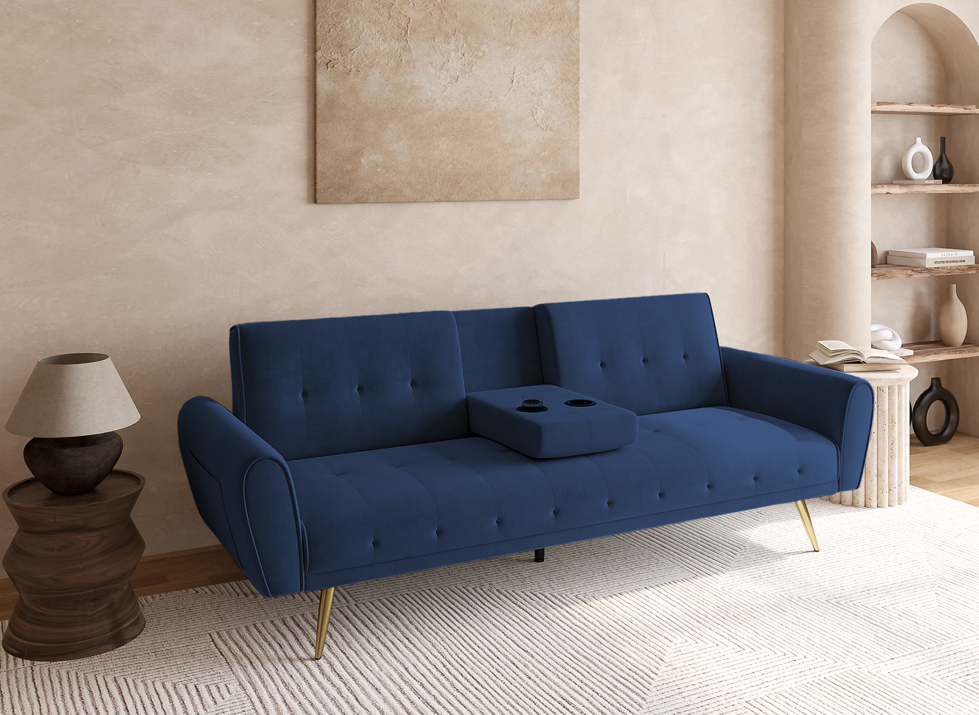 Canapé clic clac en velours bleu foncé avec porte-gobelet LIMA