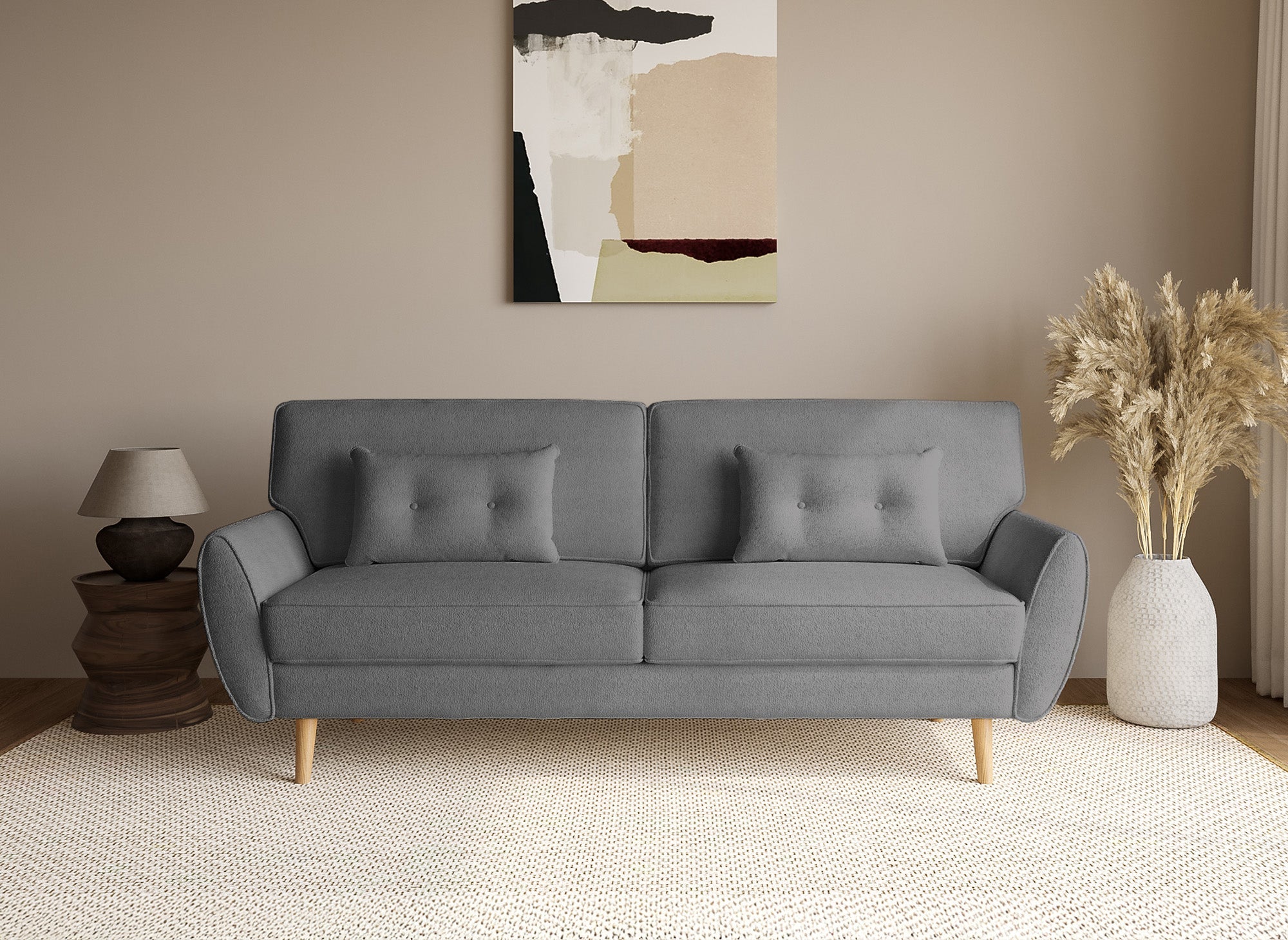 Canapé clic clac en tissu bouclette gris avec pieds en bois PANAMA