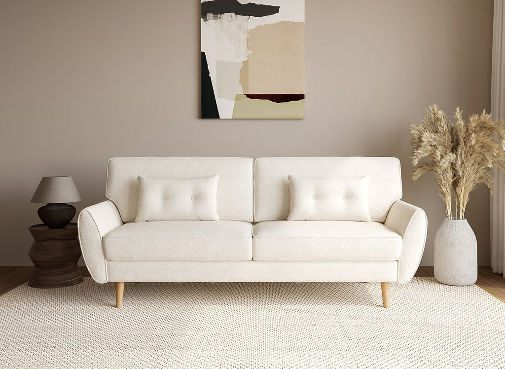 Canapé clic clac en tissu bouclette blanc écru avec pieds en bois PANAMA