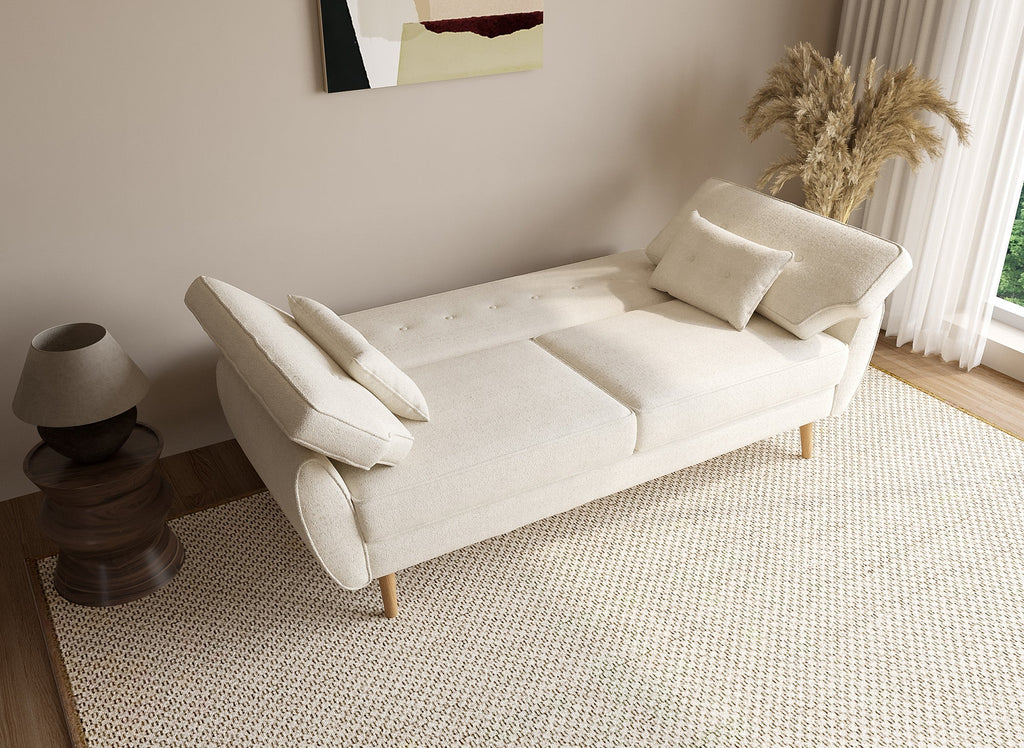 Canapé clic clac en tissu bouclette blanc écru avec pieds en bois PANAMA