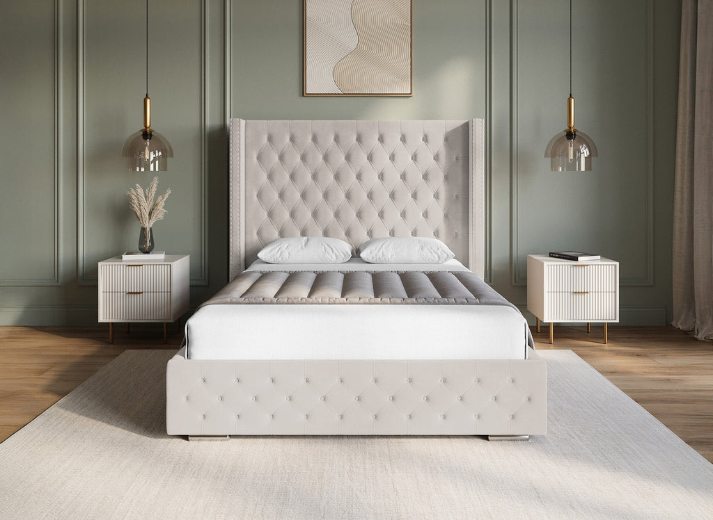 Lit coffre en velours beige 140x190 cm MAXI