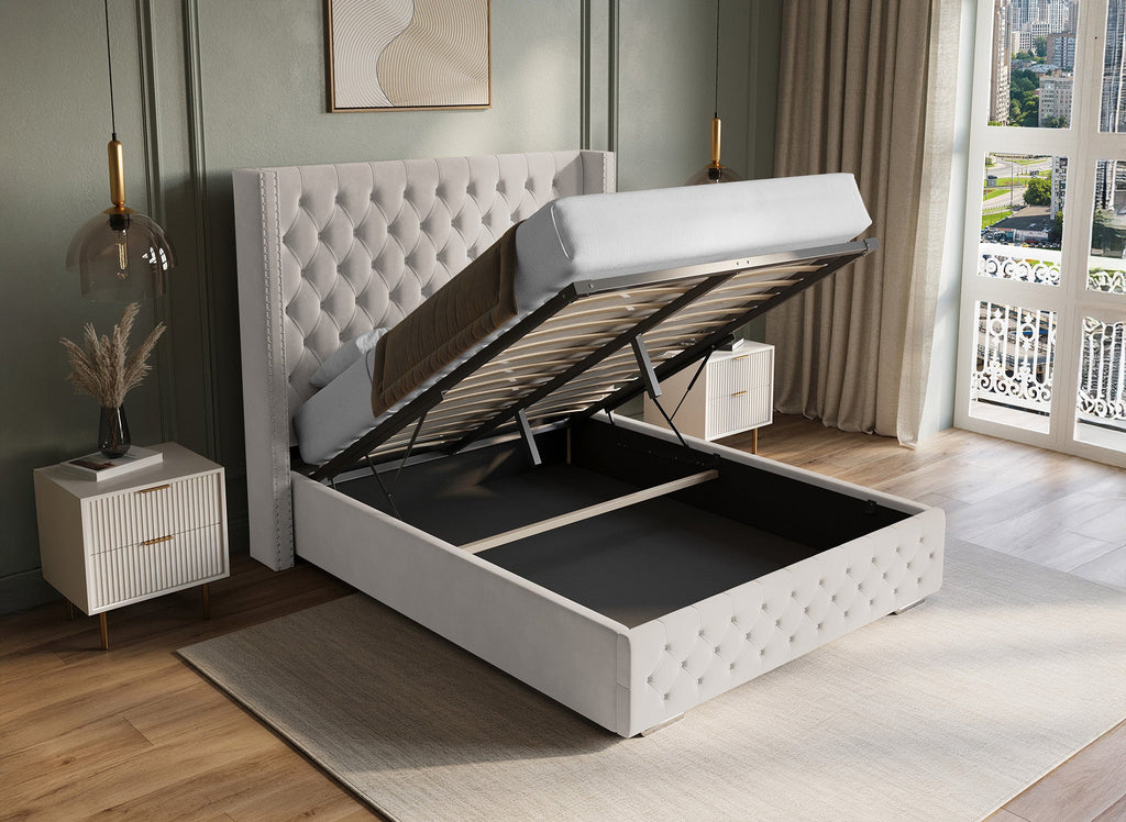 Lit coffre en velours beige 140x190 cm MAXI