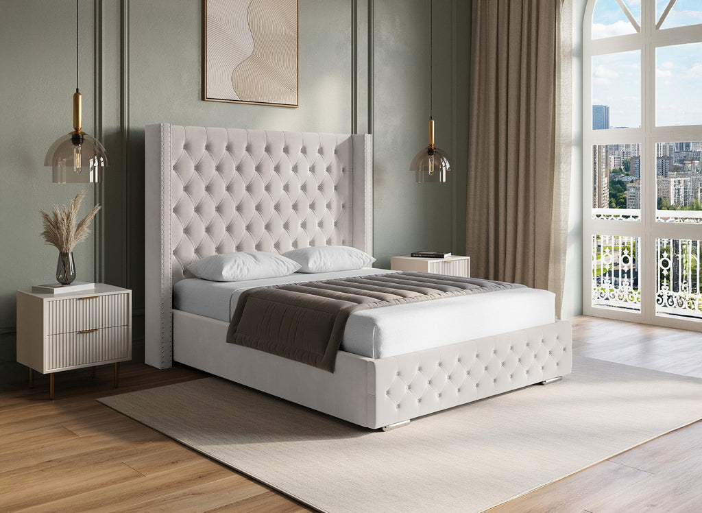 Lit coffre en velours beige 140x190 cm MAXI