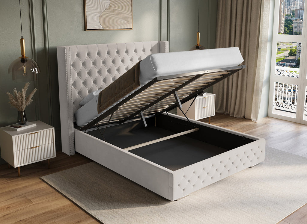 Lit coffre en velours beige 160x200 cm MAXI