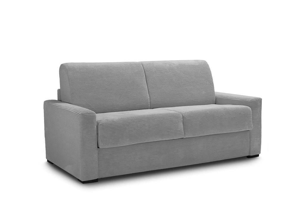 Canapé convertible 3 places LOUNA LUXE en velours côtelé gris clair ouverture express matelas 18 cm
