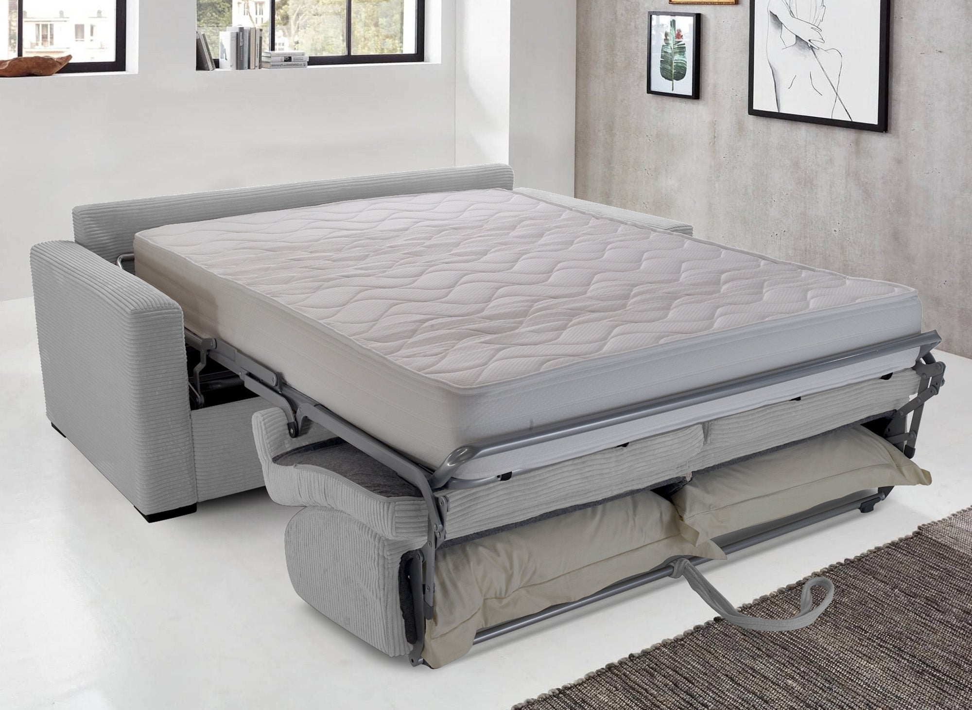 Canapé convertible 3 places LOUNA LUXE en velours côtelé gris clair ouverture express matelas 18 cm