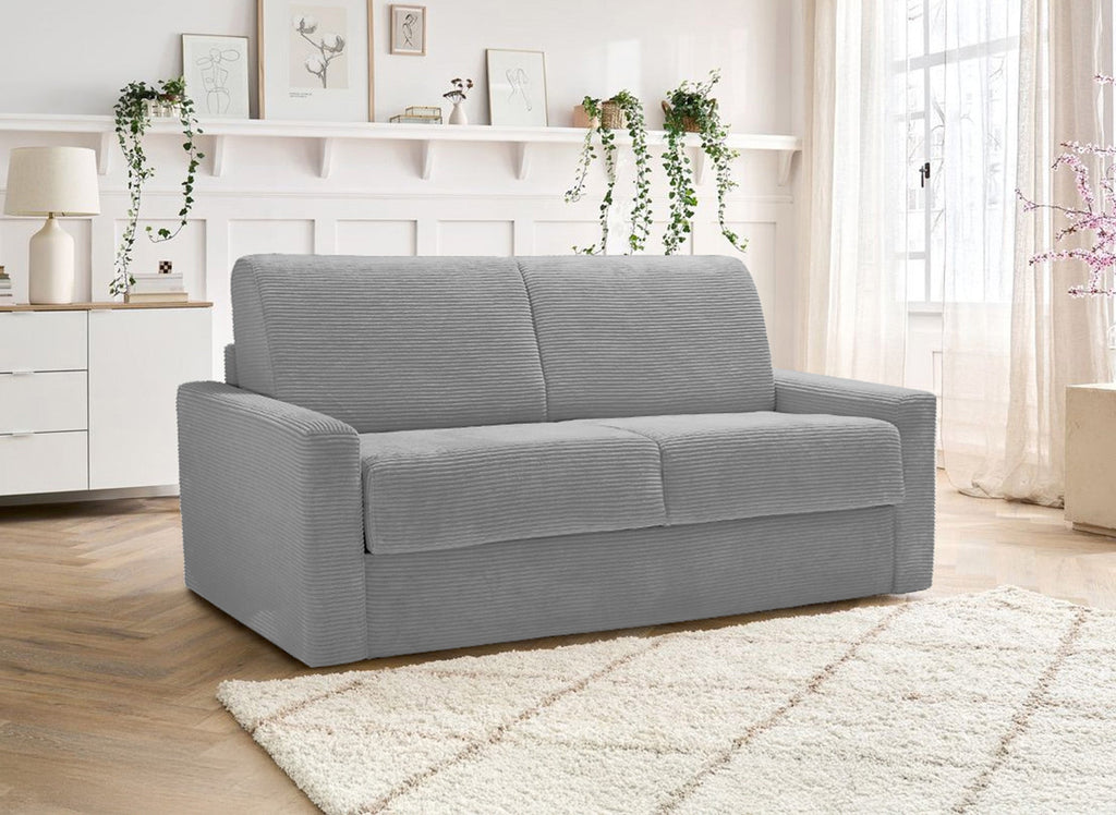 Canapé convertible 3 places LOUNA LUXE en velours côtelé gris clair ouverture express matelas 18 cm