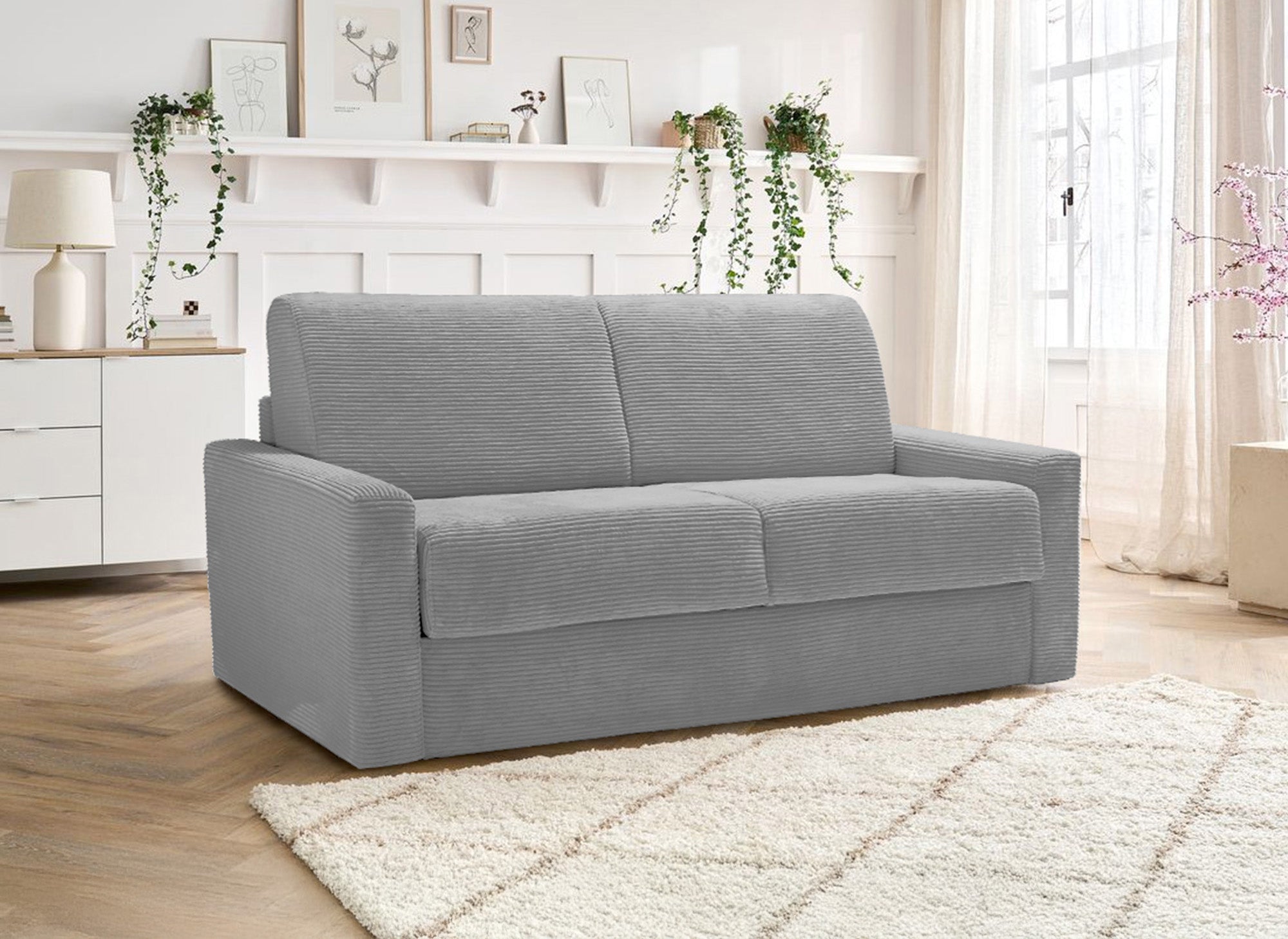 Canapé convertible 3 places LOUNA LUXE en velours côtelé gris clair ouverture express matelas 18 cm