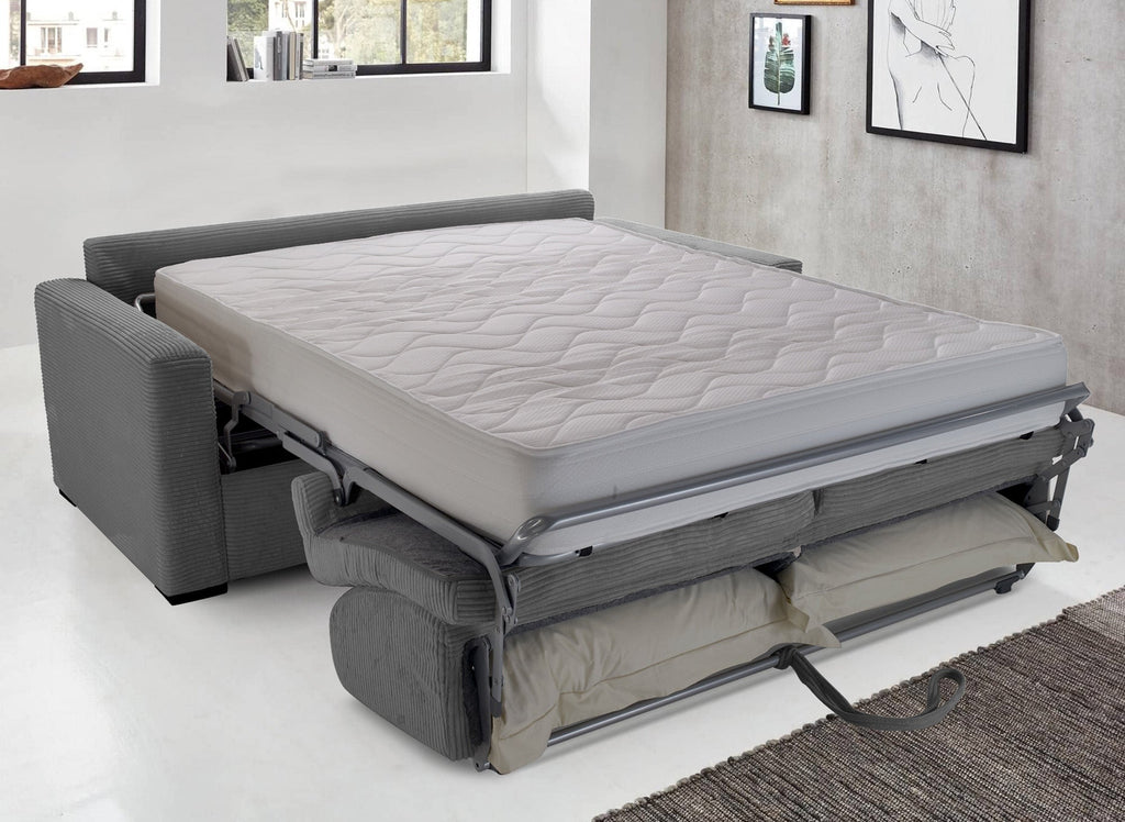 Canapé convertible 3 places LOUNA LUXE en velours côtelé gris foncé ouverture express matelas 18 cm