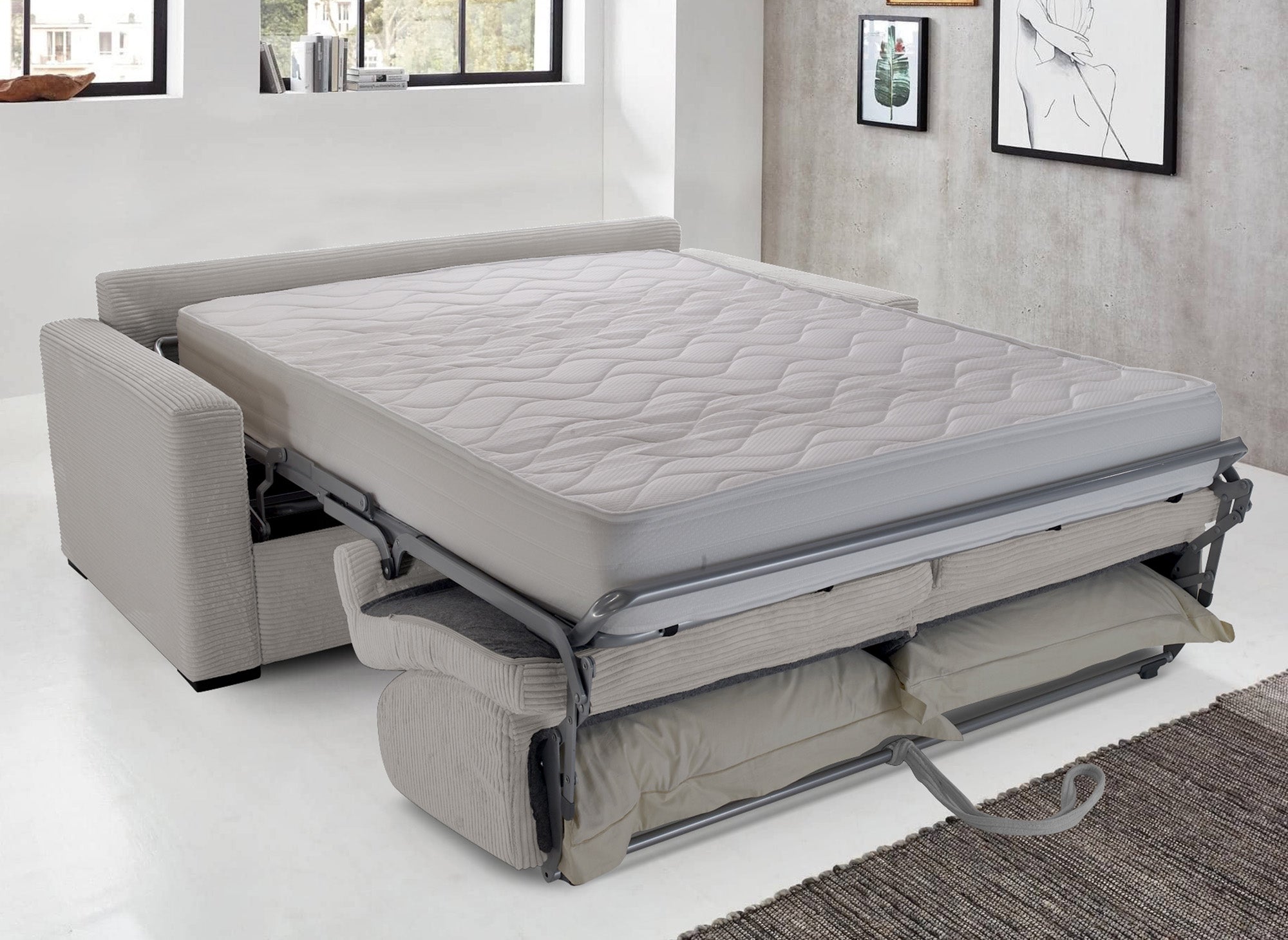 Canapé convertible 3 places LOUNA LUXE en velours côtelé beige ouverture express matelas 18 cm
