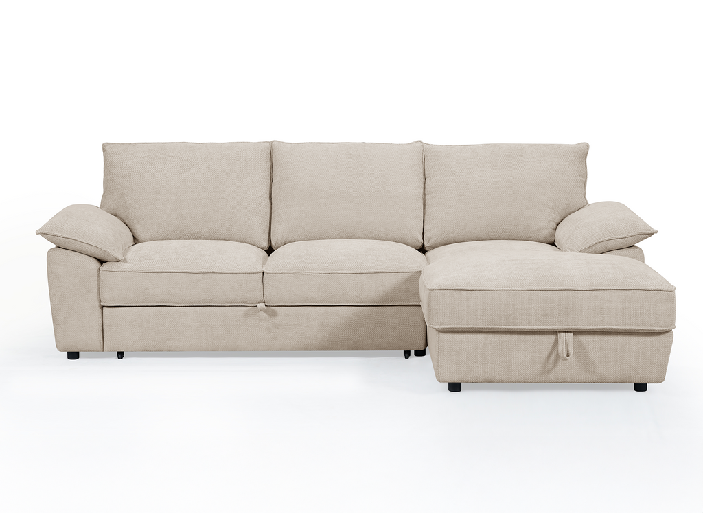 Canapé d'angle convertible avec coffre de rangement en velours chiné beige GABIN - Angle droit