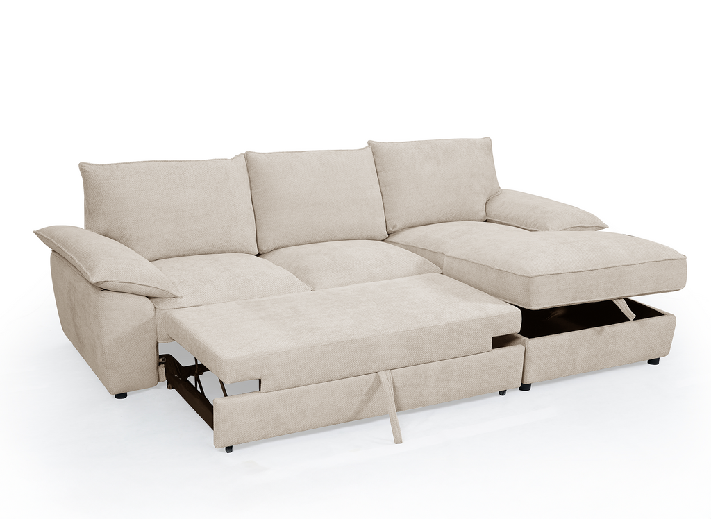 Canapé d'angle convertible avec coffre de rangement en velours chiné beige GABIN - Angle droit