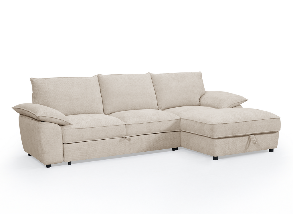 Canapé d'angle convertible avec coffre de rangement en velours chiné beige GABIN - Angle droit