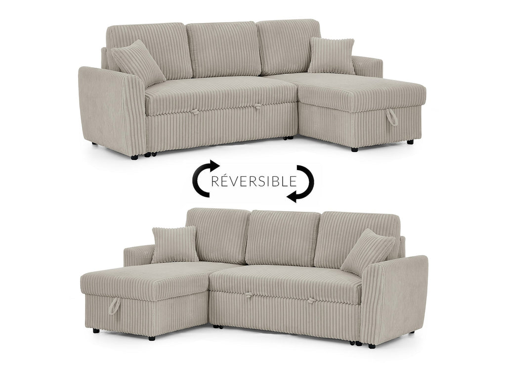 Canapé d'angle convertible et réversible avec coffre en velours côtelé épais  taupe ADRYEN