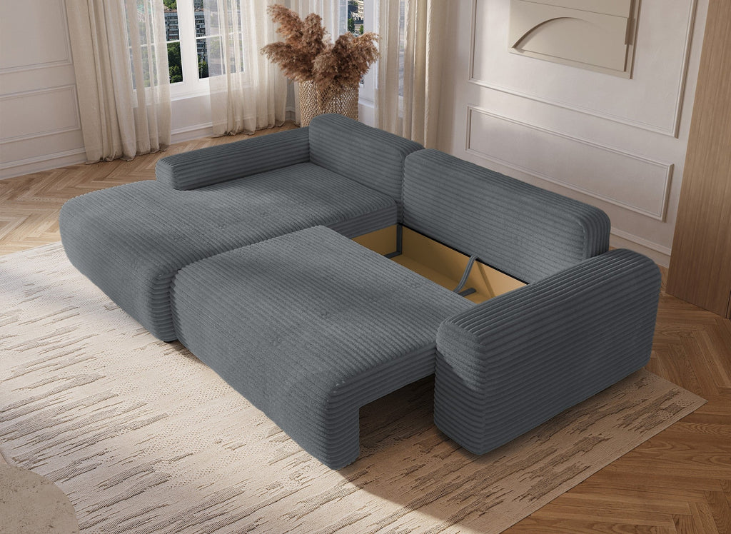 Canapé d'angle gauche convertible avec coffre en velours côtelé épais gris foncé BALI - Angle gauche