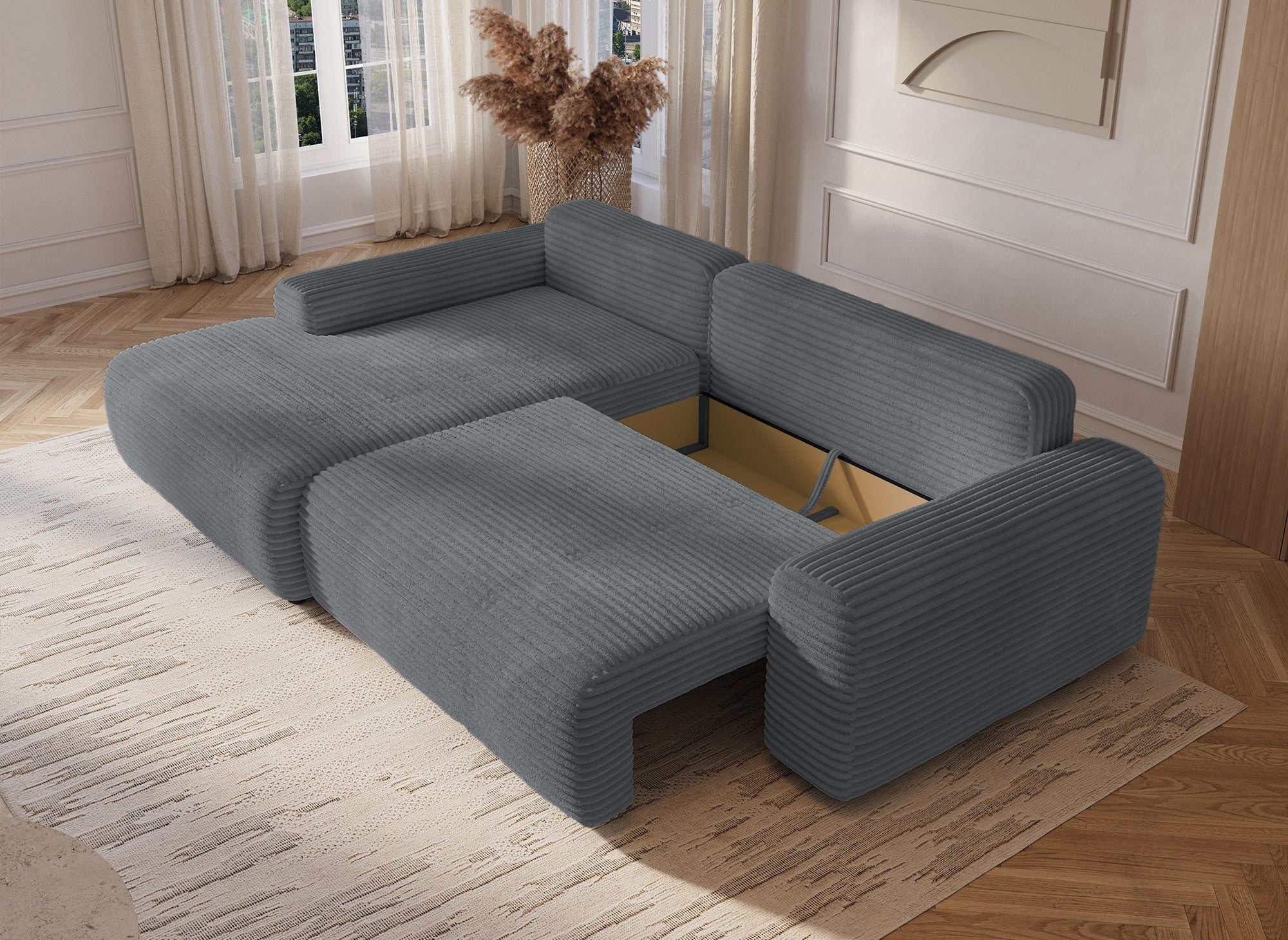 Canapé d'angle gauche convertible avec coffre en velours côtelé épais gris foncé BALI - Angle gauche