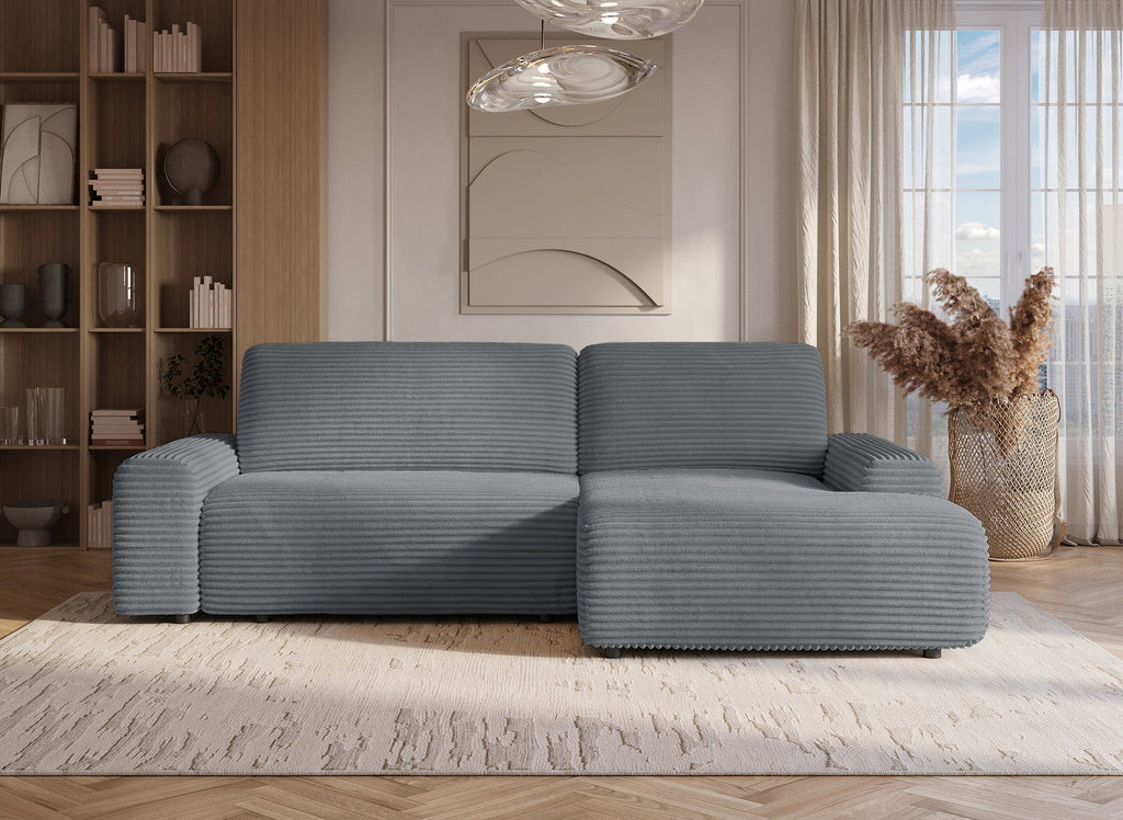 Canapé d'angle droit convertible avec coffre en velours côtelé épais gris foncé BALI - Angle droit