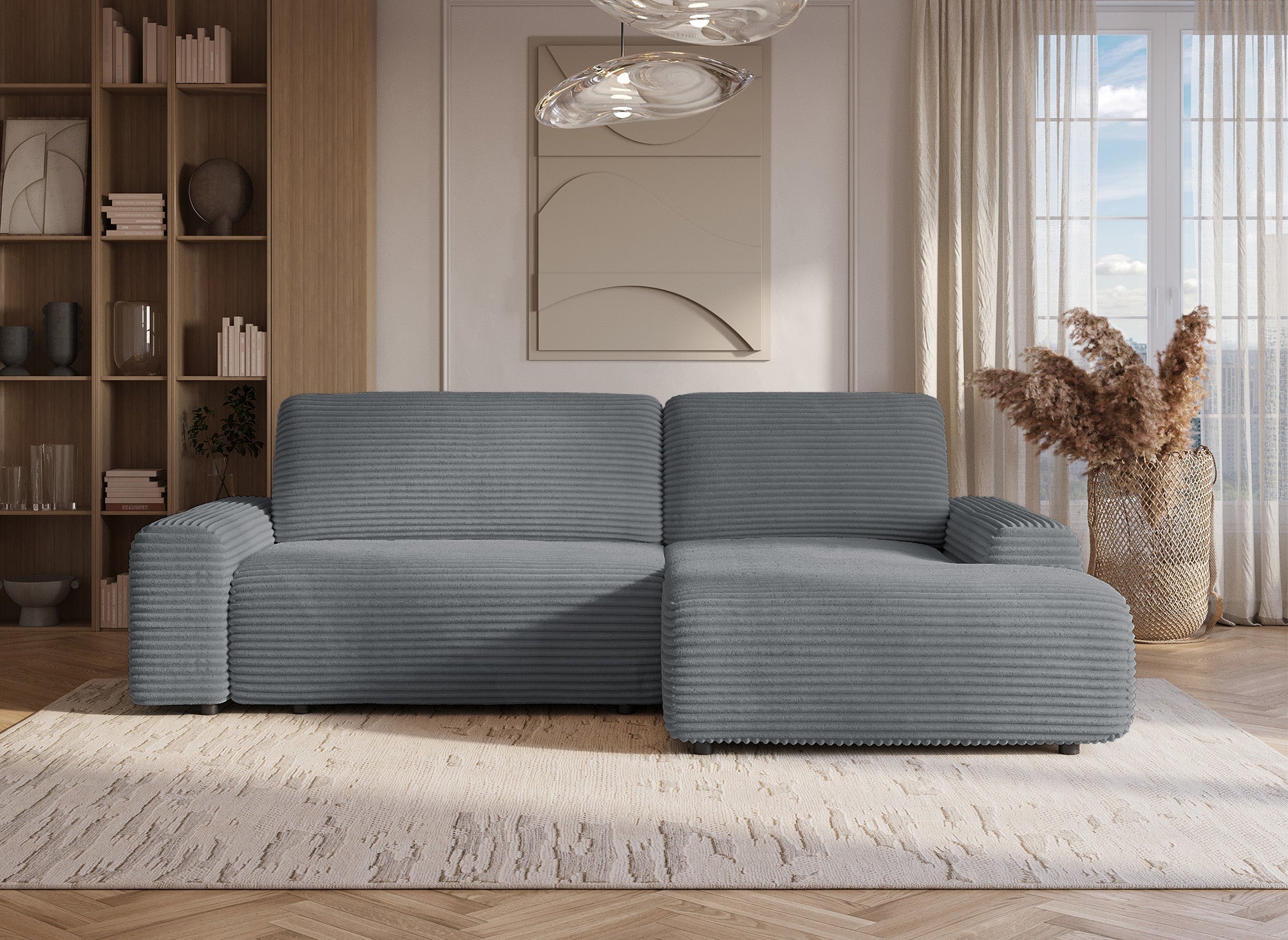 Canapé d'angle droit convertible avec coffre en velours côtelé épais gris foncé BALI - Angle droit