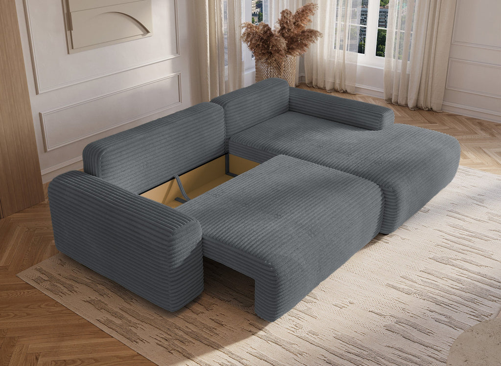 Canapé d'angle droit convertible avec coffre en velours côtelé épais gris foncé BALI - Angle droit