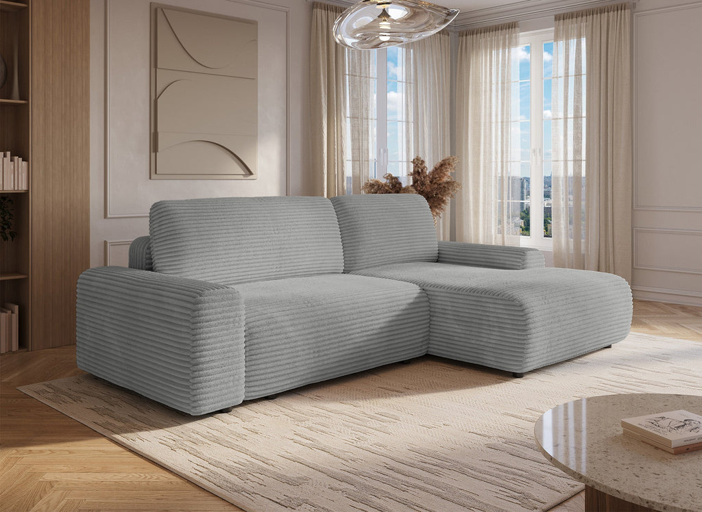 Canapé d'angle droit convertible avec coffre en velours côtelé épais gris clair BALI - Angle droit